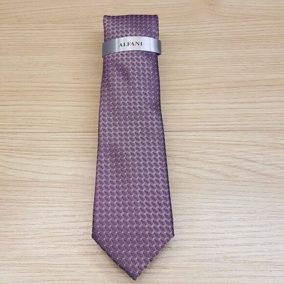 ALFANI Mens Neck Tie Purple Geometric Lattice Micro Grid Modern Slim - Picture 2 of 6